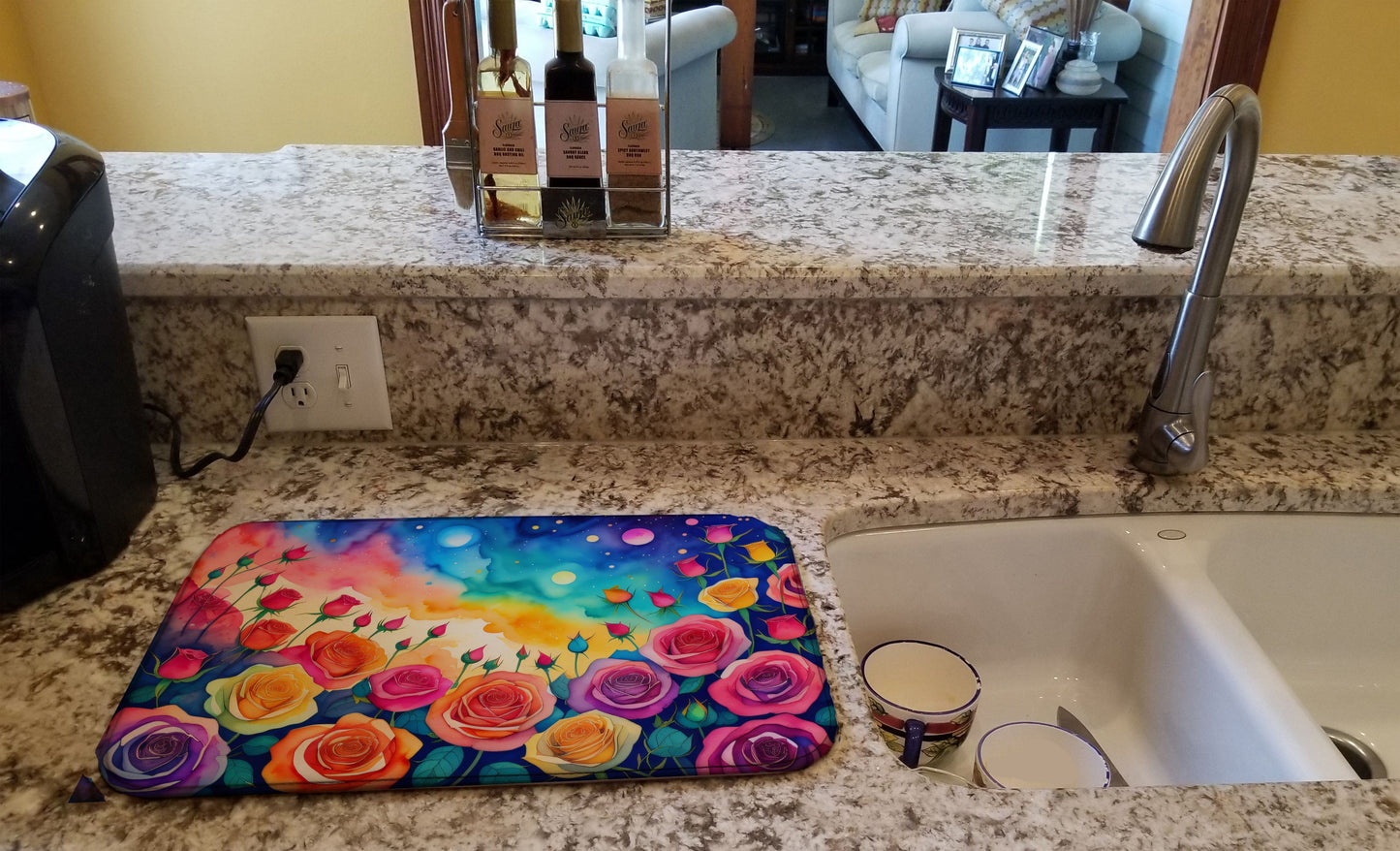 Roses in Color Dish Drying Mat Absorbent Dish Drying Mat Pad for Kitchen Counter Dish Drainer Mat for Countertop, 14 x 21", Multicolor