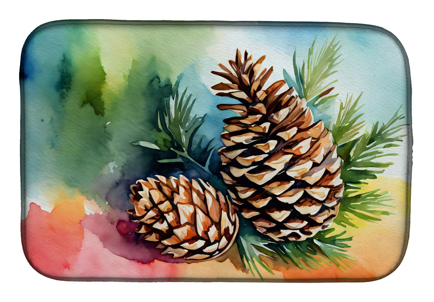 Maine White Pine Cone and Tassels in Watercolor Dish Drying Mat Absorbent Dish Drying Mat Pad for Kitchen Counter Dish Drainer Mat for Countertop, 14 x 21", Multicolor