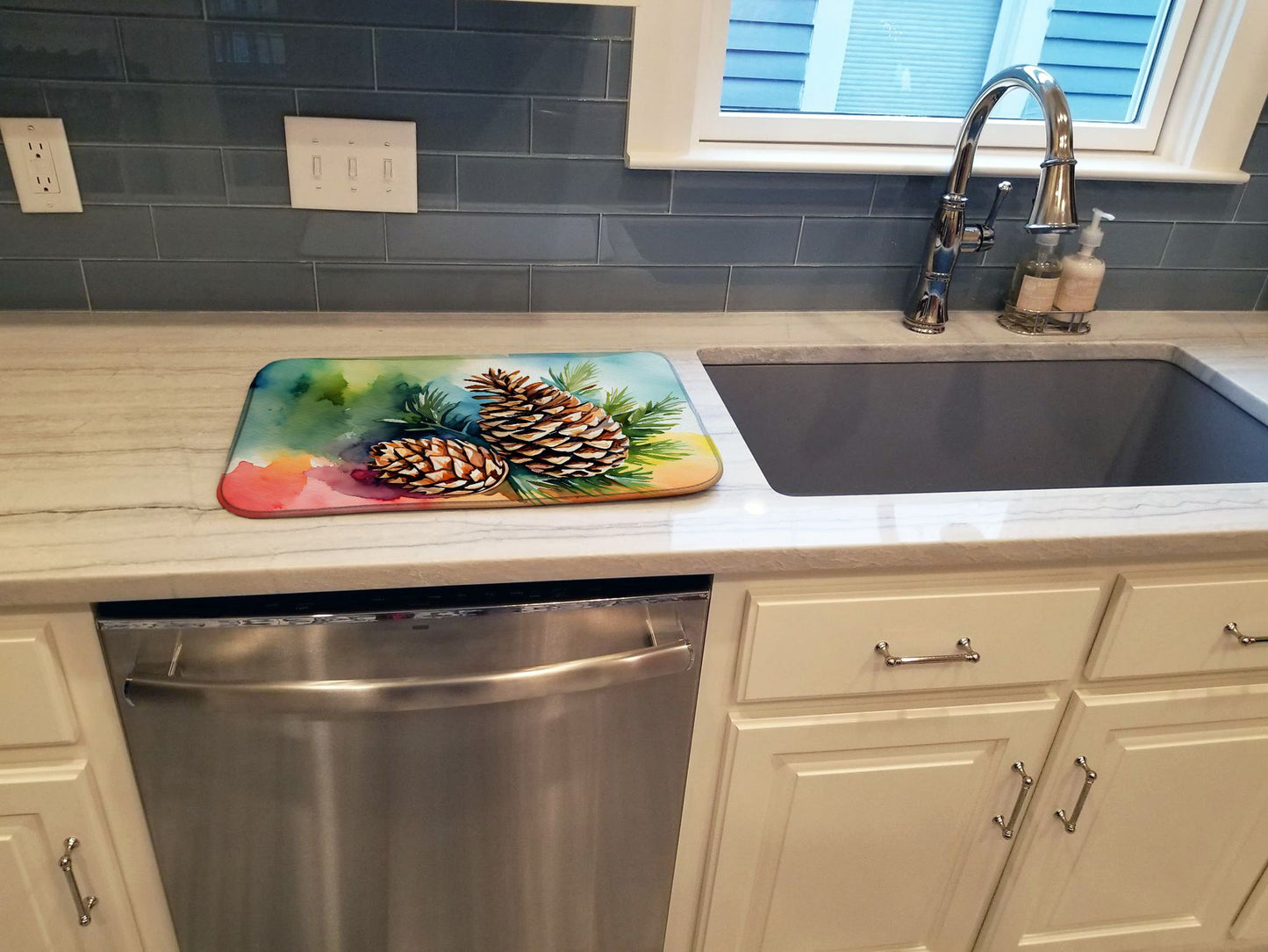 Maine White Pine Cone and Tassels in Watercolor Dish Drying Mat Absorbent Dish Drying Mat Pad for Kitchen Counter Dish Drainer Mat for Countertop, 14 x 21", Multicolor