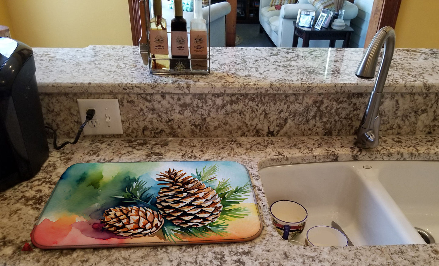 Maine White Pine Cone and Tassels in Watercolor Dish Drying Mat Absorbent Dish Drying Mat Pad for Kitchen Counter Dish Drainer Mat for Countertop, 14 x 21", Multicolor