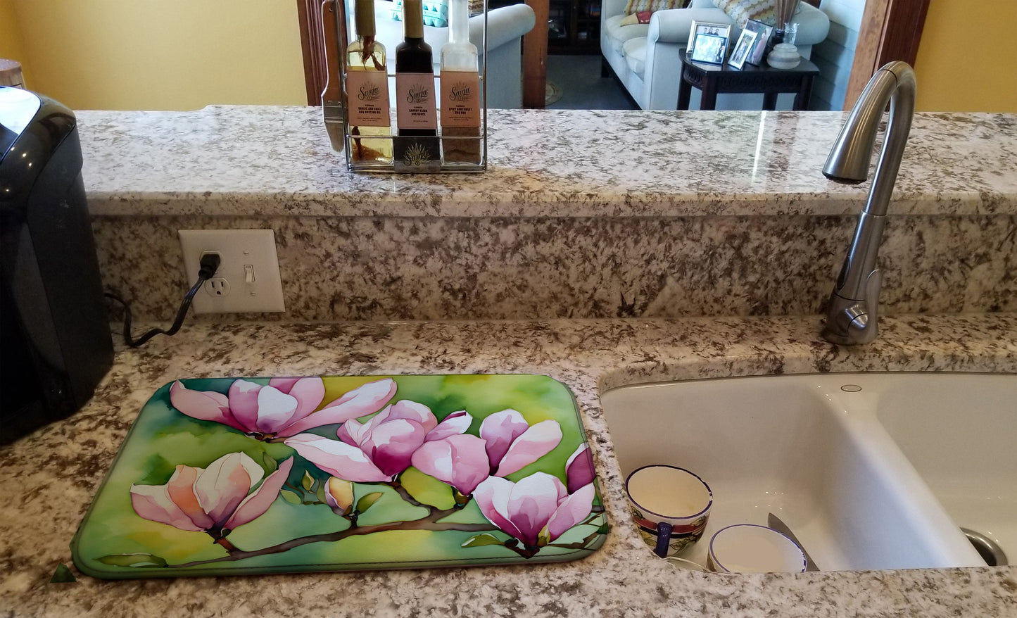 Mississippi Magnolia in Watercolor Dish Drying Mat Absorbent Dish Drying Mat Pad for Kitchen Counter Dish Drainer Mat for Countertop, 14 x 21", Multicolor