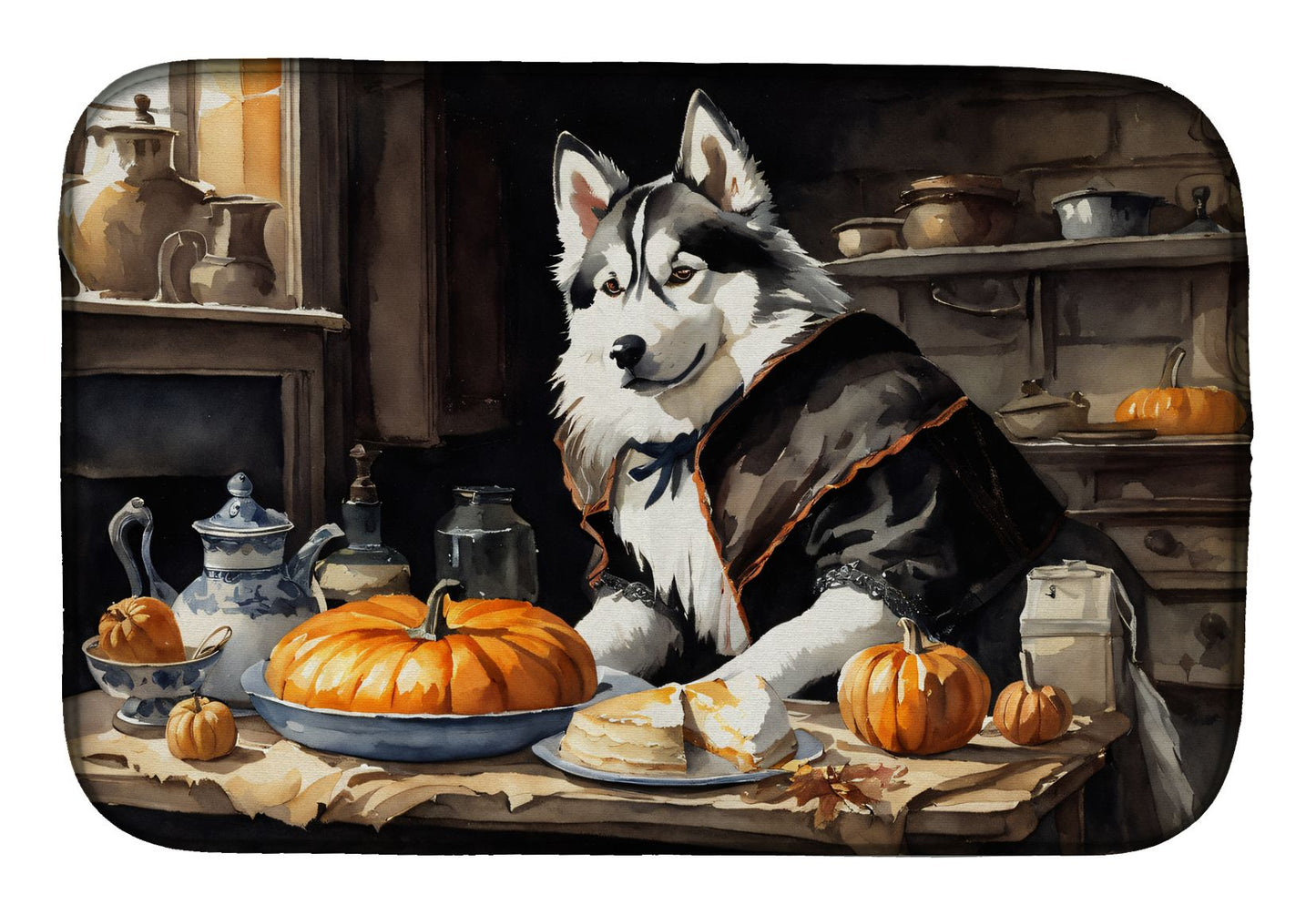 Siberian Husky Fall Kitchen Pumpkins Dish Drying Mat Absorbent Dish Drying Mat Pad for Kitchen Counter Dish Drainer Mat for Countertop, 14 x 21", Multicolor