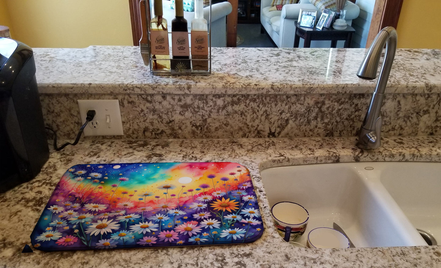 Asters in Color Dish Drying Mat Absorbent Dish Drying Mat Pad for Kitchen Counter Dish Drainer Mat for Countertop, 14 x 21", Multicolor