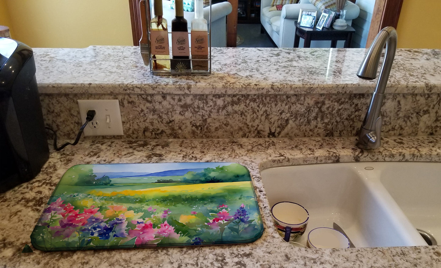 Massachusetts Mayflowers in Watercolor Dish Drying Mat Absorbent Dish Drying Mat Pad for Kitchen Counter Dish Drainer Mat for Countertop, 14 x 21", Multicolor