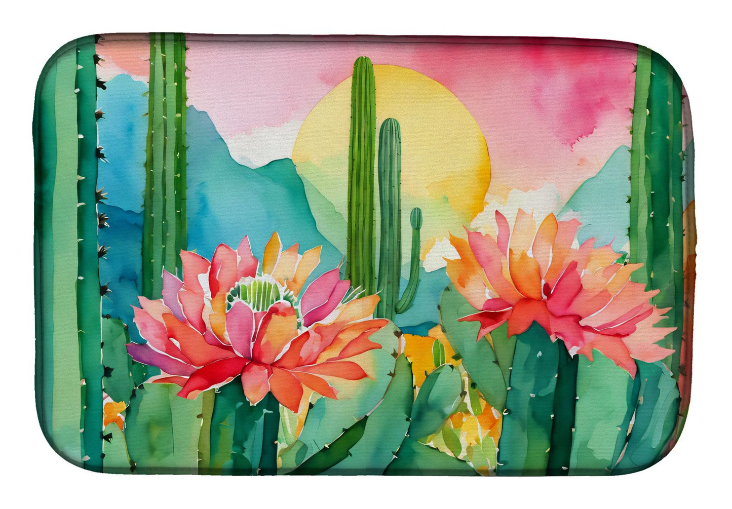 Arizona Saguaro Cactus Blossom in Watercolor Dish Drying Mat Absorbent Dish Drying Mat Pad for Kitchen Counter Dish Drainer Mat for Countertop, 14 x 21", Multicolor
