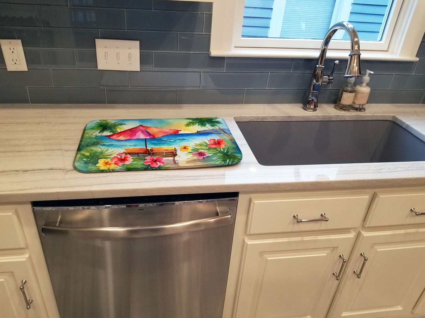 Hawaii Hawaiian Hibiscus in Watercolor Dish Drying Mat Absorbent Dish Drying Mat Pad for Kitchen Counter Dish Drainer Mat for Countertop, 14 x 21", Multicolor