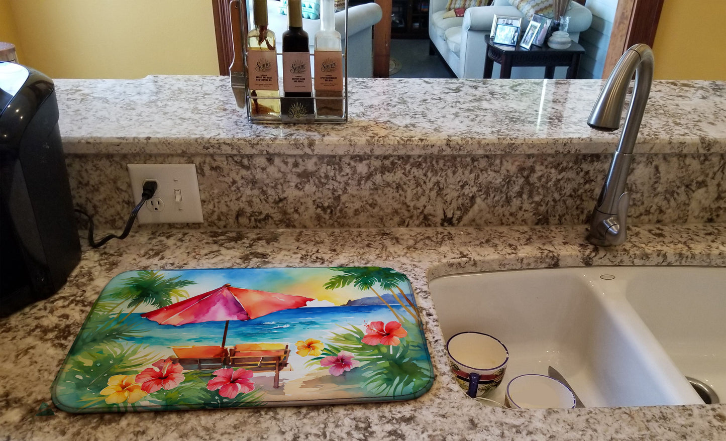 Hawaii Hawaiian Hibiscus in Watercolor Dish Drying Mat Absorbent Dish Drying Mat Pad for Kitchen Counter Dish Drainer Mat for Countertop, 14 x 21", Multicolor