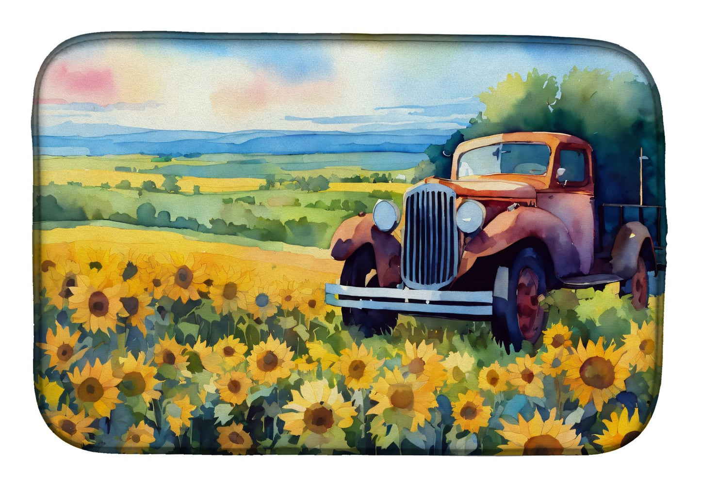 Kansas Sunflowers in Watercolor Dish Drying Mat Absorbent Dish Drying Mat Pad for Kitchen Counter Dish Drainer Mat for Countertop, 14 x 21", Multicolor