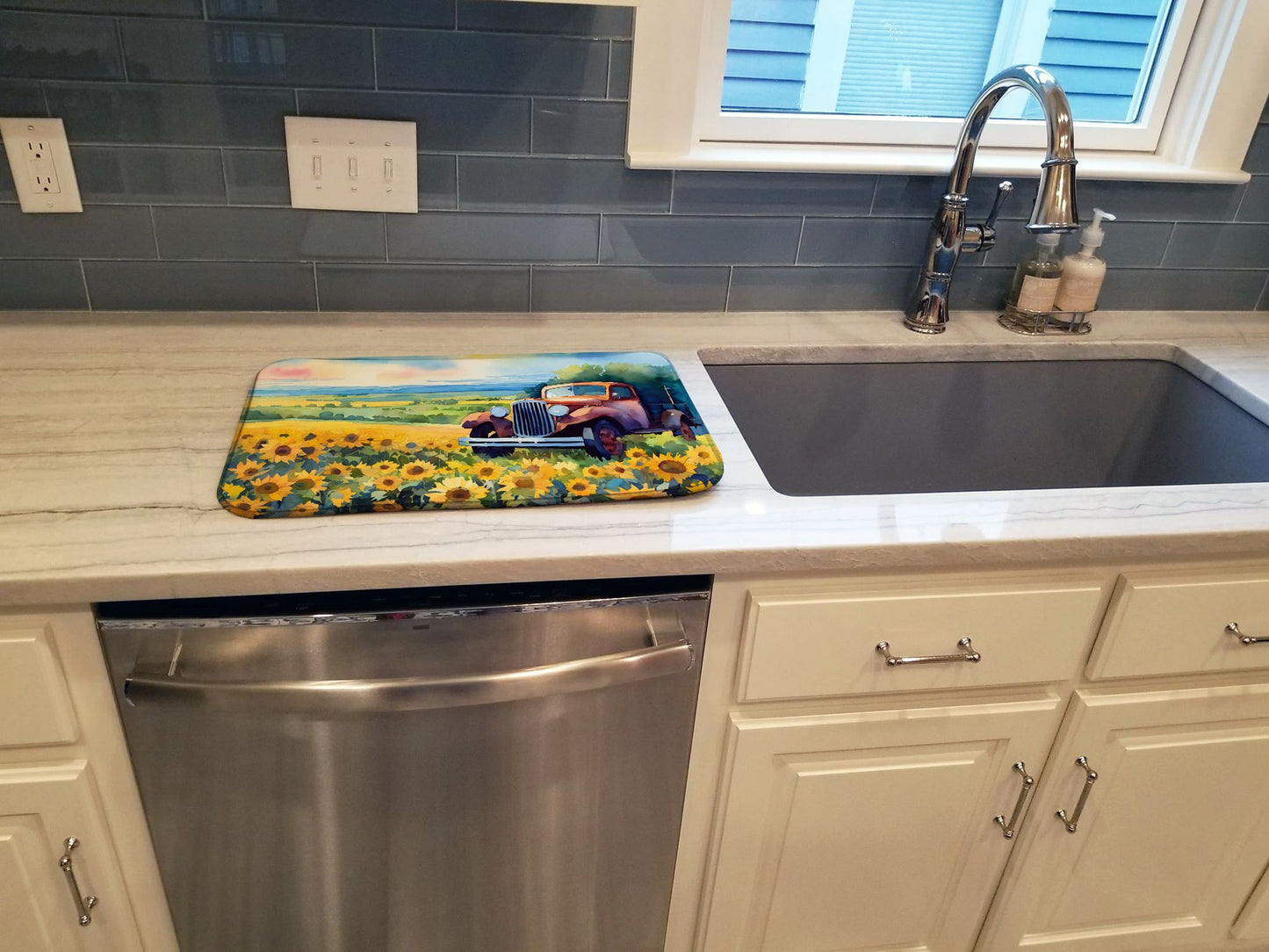 Kansas Sunflowers in Watercolor Dish Drying Mat Absorbent Dish Drying Mat Pad for Kitchen Counter Dish Drainer Mat for Countertop, 14 x 21", Multicolor