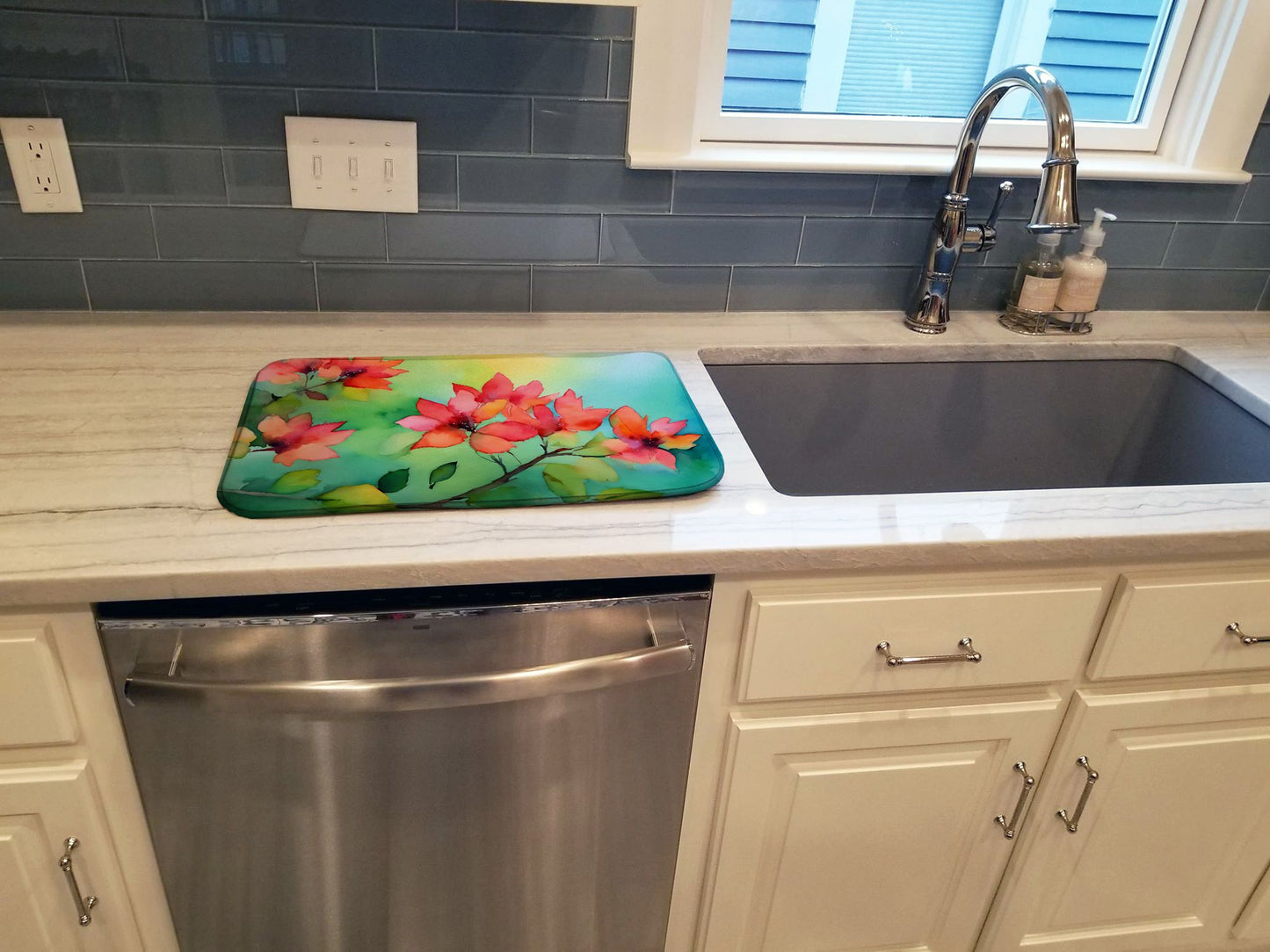 Missouri Hawthorns in Watercolor Dish Drying Mat Absorbent Dish Drying Mat Pad for Kitchen Counter Dish Drainer Mat for Countertop, 14 x 21", Multicolor