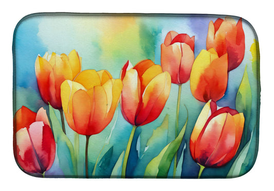 Tulips in Watercolor Dish Drying Mat Absorbent Dish Drying Mat Pad for Kitchen Counter Dish Drainer Mat for Countertop, 14 x 21", Multicolor