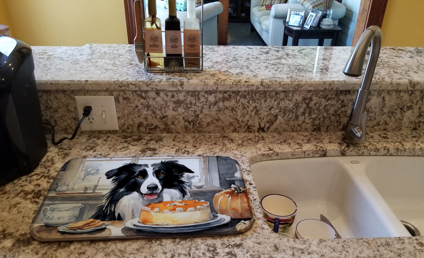 Border Collie Fall Kitchen Pumpkins Dish Drying Mat Absorbent Dish Drying Mat Pad for Kitchen Counter Dish Drainer Mat for Countertop, 14 x 21", Multicolor