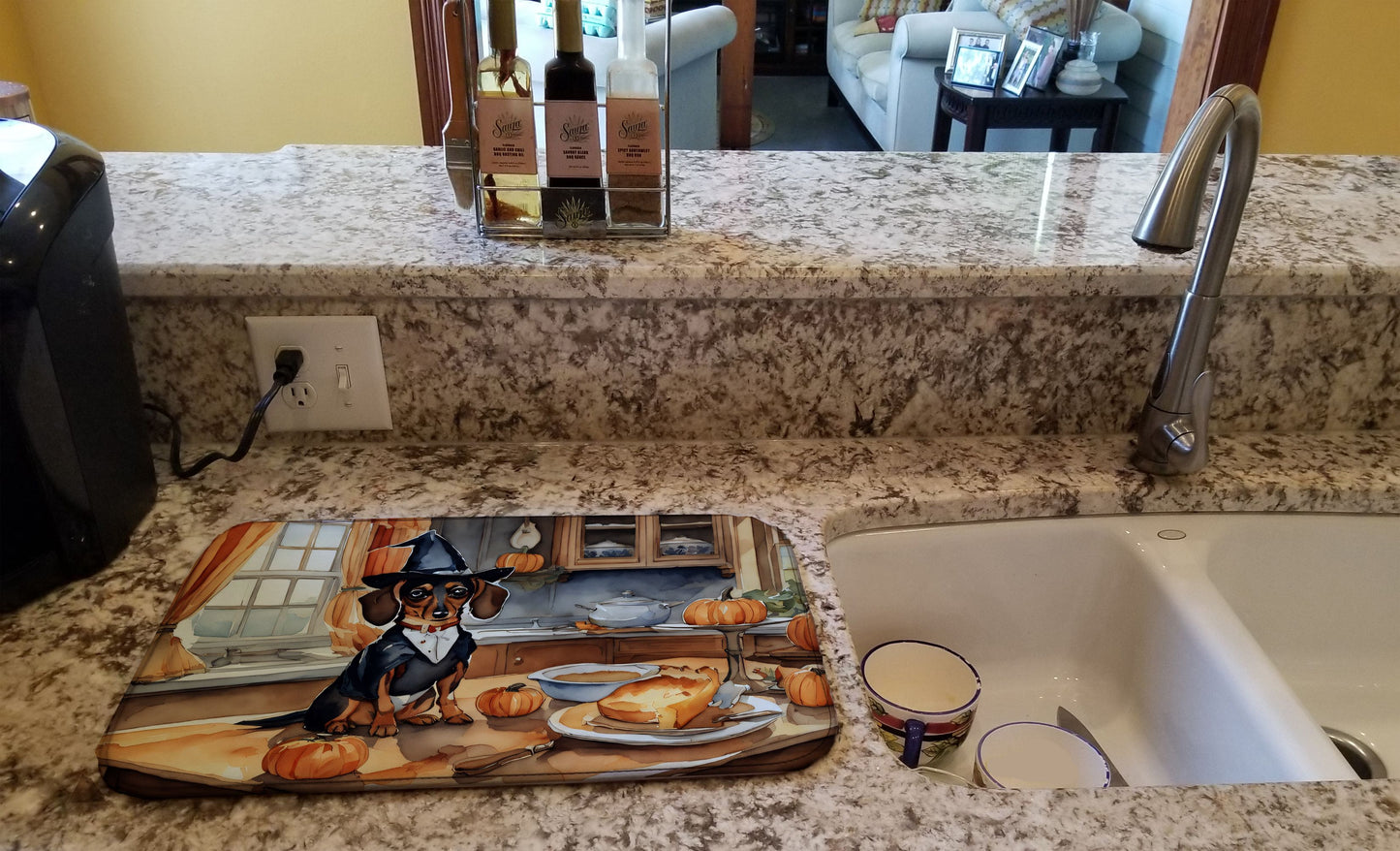 Dachshund Fall Kitchen Pumpkins Dish Drying Mat Absorbent Dish Drying Mat Pad for Kitchen Counter Dish Drainer Mat for Countertop, 14 x 21", Multicolor