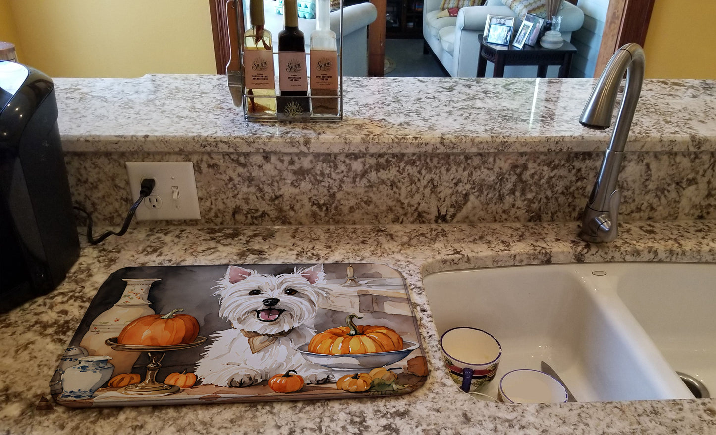 Westie Fall Kitchen Pumpkins Dish Drying Mat Absorbent Dish Drying Mat Pad for Kitchen Counter Dish Drainer Mat for Countertop, 14 x 21", Multicolor