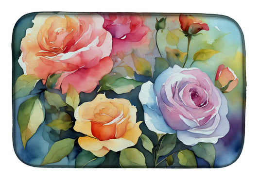 Roses in Watercolor Dish Drying Mat Absorbent Dish Drying Mat Pad for Kitchen Counter Dish Drainer Mat for Countertop, 14 x 21", Multicolor