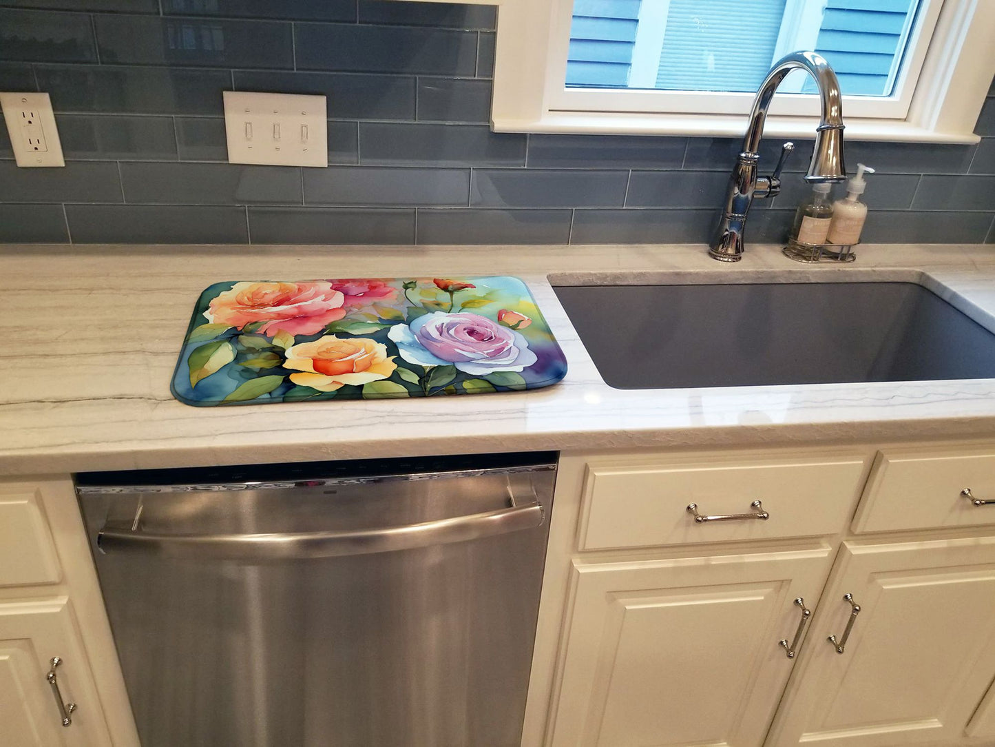Roses in Watercolor Dish Drying Mat Absorbent Dish Drying Mat Pad for Kitchen Counter Dish Drainer Mat for Countertop, 14 x 21", Multicolor