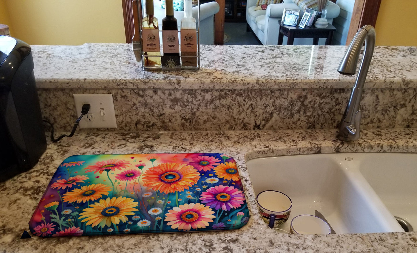 Gerbera Daisies in Color Dish Drying Mat Absorbent Dish Drying Mat Pad for Kitchen Counter Dish Drainer Mat for Countertop, 14 x 21", Multicolor
