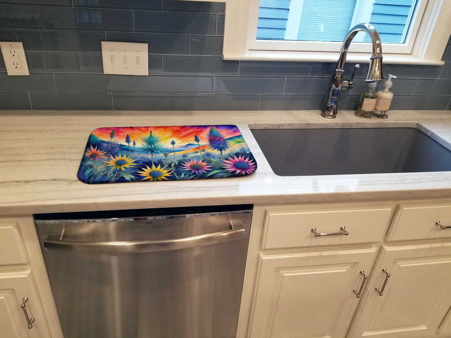 Eryngium in Color Dish Drying Mat Absorbent Dish Drying Mat Pad for Kitchen Counter Dish Drainer Mat for Countertop, 14 x 21", Multicolor