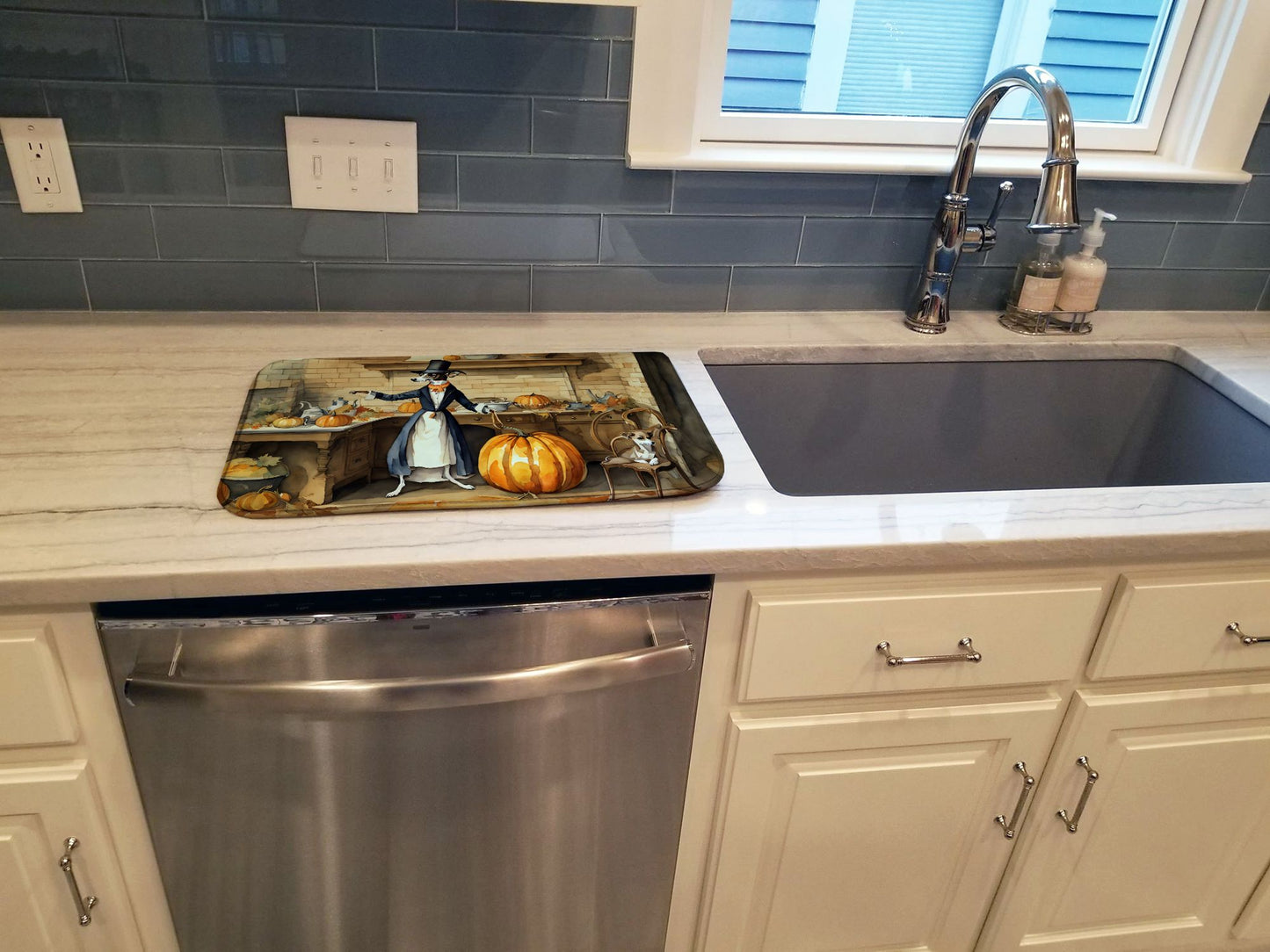 Italian Greyhound Fall Kitchen Pumpkins Dish Drying Mat Absorbent Dish Drying Mat Pad for Kitchen Counter Dish Drainer Mat for Countertop, 14 x 21", Multicolor