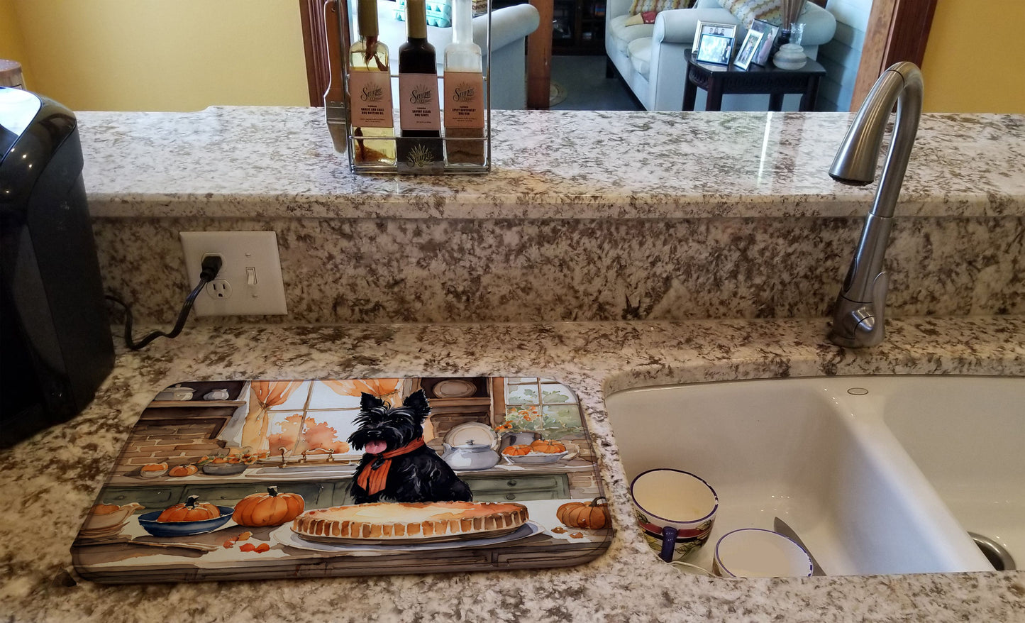 Scottish Terrier Fall Kitchen Pumpkins Dish Drying Mat Absorbent Dish Drying Mat Pad for Kitchen Counter Dish Drainer Mat for Countertop, 14 x 21", Multicolor