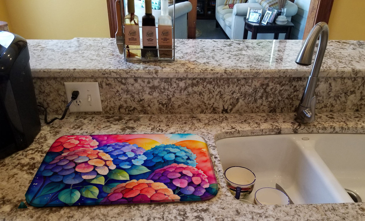 Hydrangeas in Color Dish Drying Mat Absorbent Dish Drying Mat Pad for Kitchen Counter Dish Drainer Mat for Countertop, 14 x 21", Multicolor