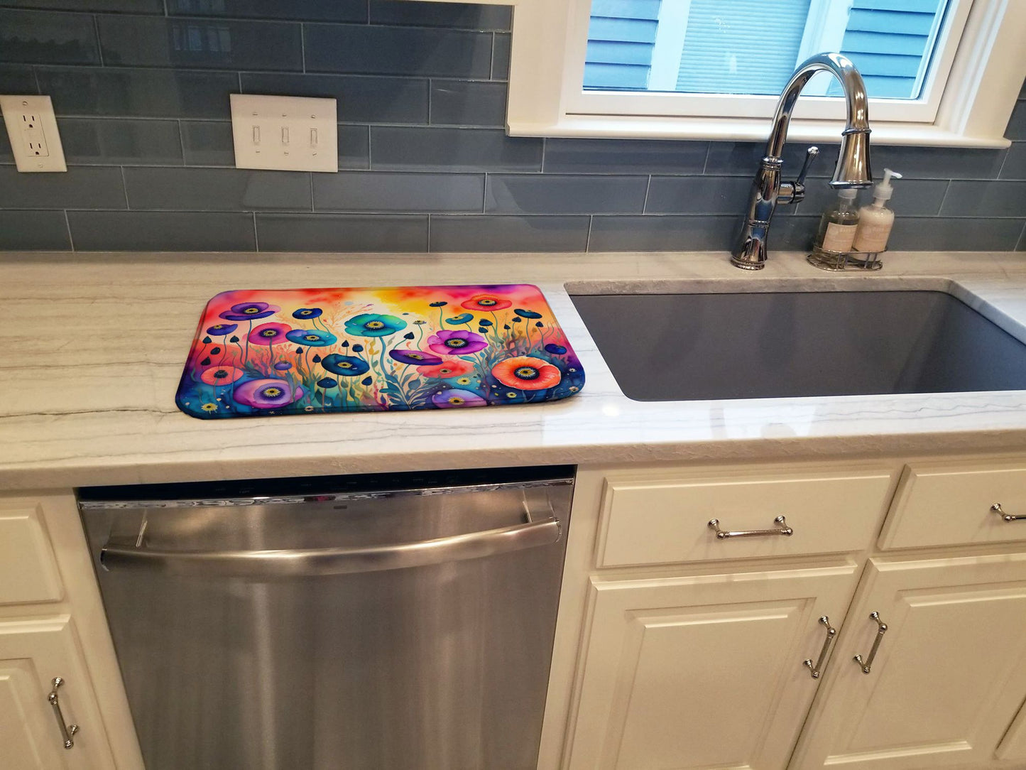Anemones in Color Dish Drying Mat Absorbent Dish Drying Mat Pad for Kitchen Counter Dish Drainer Mat for Countertop, 14 x 21", Multicolor