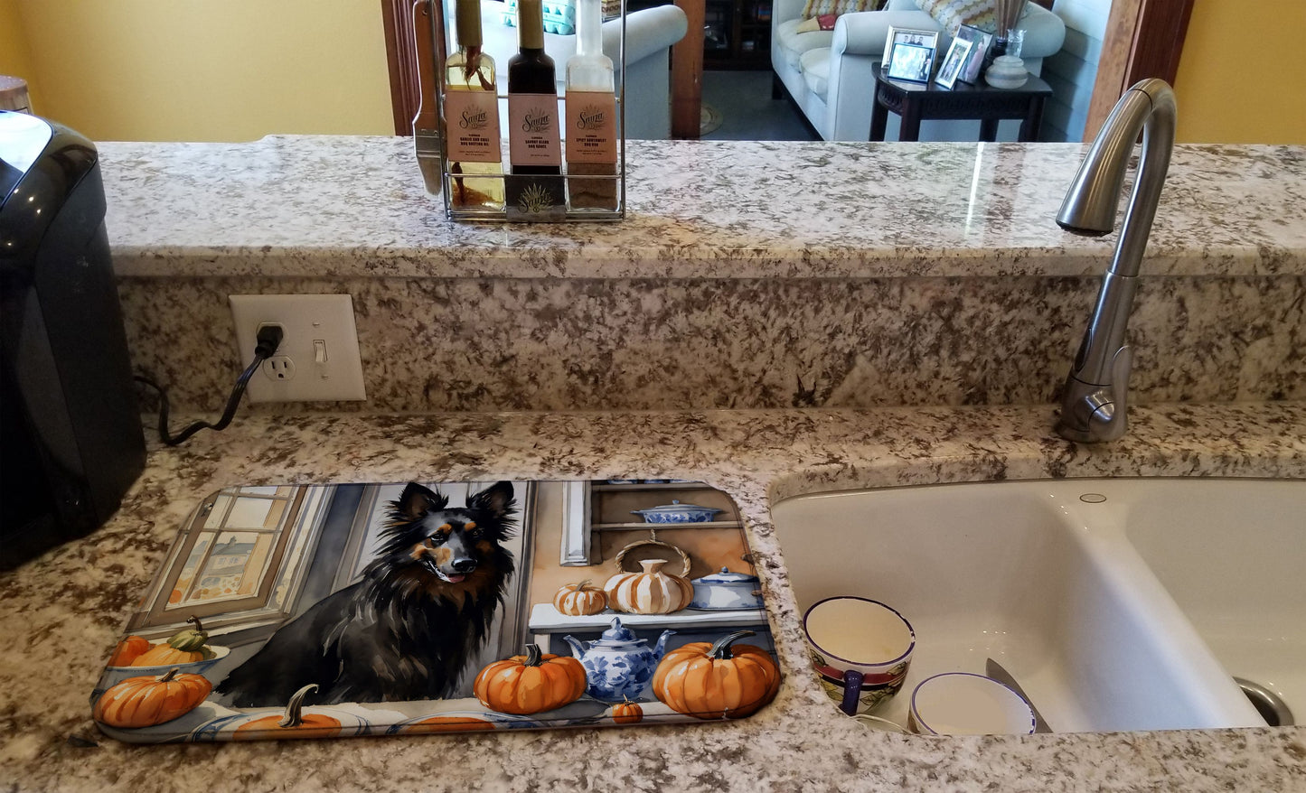 Belgian Sheepdog Fall Kitchen Pumpkins Dish Drying Mat Absorbent Dish Drying Mat Pad for Kitchen Counter Dish Drainer Mat for Countertop, 14 x 21", Multicolor