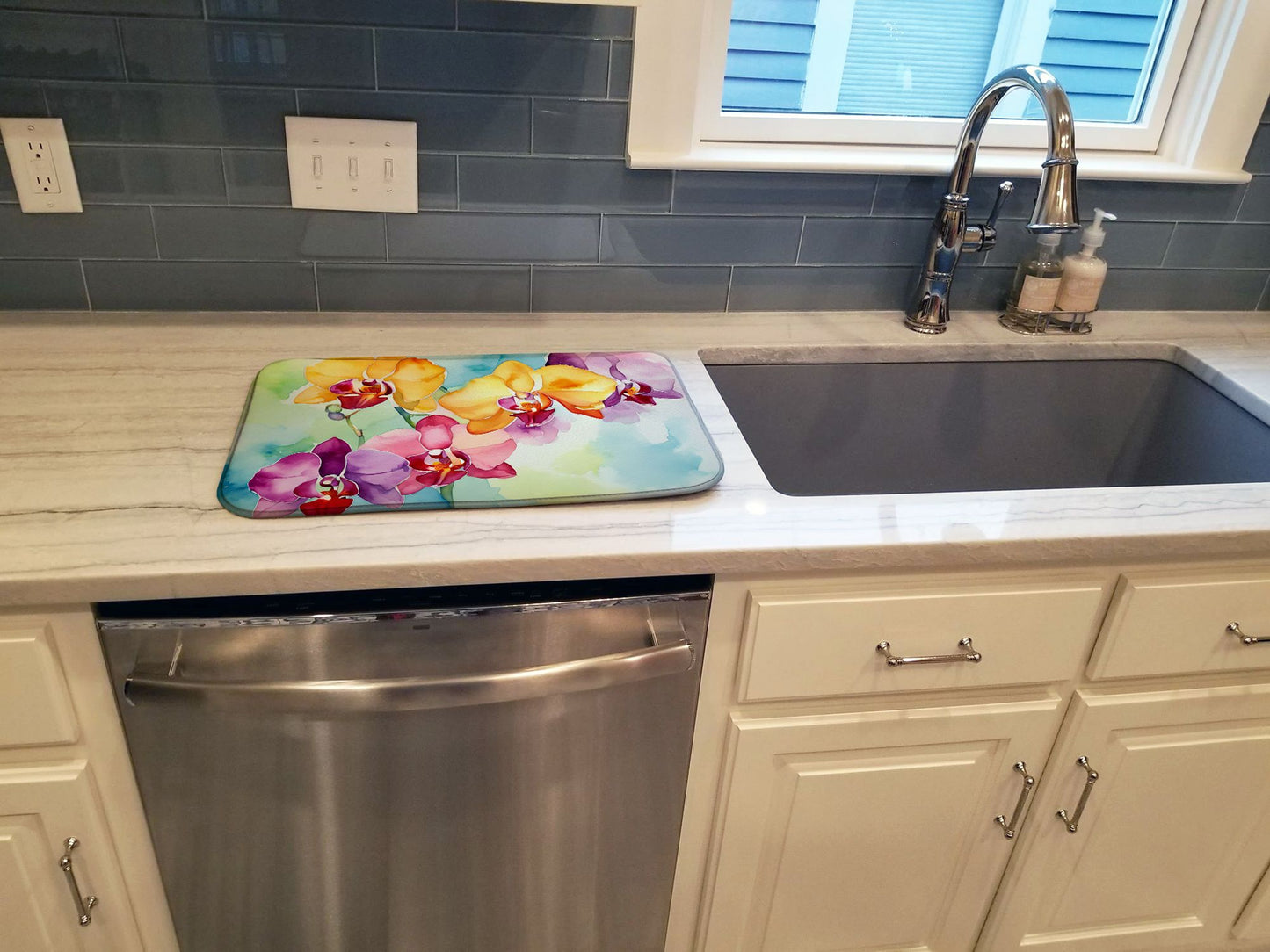 Orchids in Watercolor Dish Drying Mat Absorbent Dish Drying Mat Pad for Kitchen Counter Dish Drainer Mat for Countertop, 14 x 21", Multicolor