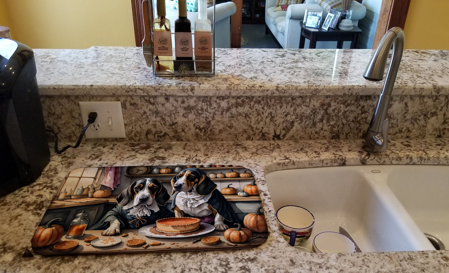 Basset Hound Fall Kitchen Pumpkins Dish Drying Mat Absorbent Dish Drying Mat Pad for Kitchen Counter Dish Drainer Mat for Countertop, 14 x 21", Multicolor