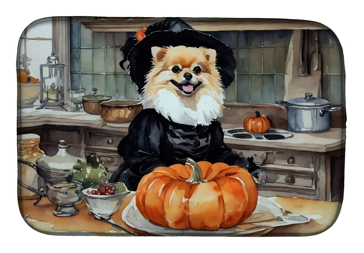Pomeranian Fall Kitchen Pumpkins Dish Drying Mat Absorbent Dish Drying Mat Pad for Kitchen Counter Dish Drainer Mat for Countertop, 14 x 21", Multicolor