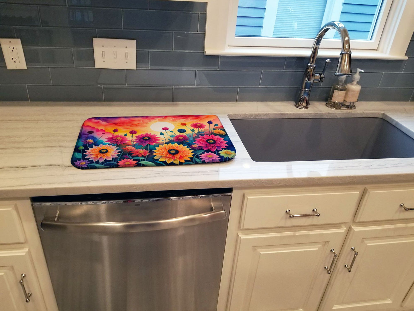 Dahlias in Color Dish Drying Mat Absorbent Dish Drying Mat Pad for Kitchen Counter Dish Drainer Mat for Countertop, 14 x 21", Multicolor