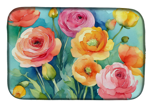 Ranunculus in Watercolor Dish Drying Mat Absorbent Dish Drying Mat Pad for Kitchen Counter Dish Drainer Mat for Countertop, 14 x 21", Multicolor