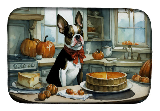 Boston Terrier Fall Kitchen Pumpkins Dish Drying Mat Absorbent Dish Drying Mat Pad for Kitchen Counter Dish Drainer Mat for Countertop, 14 x 21", Multicolor