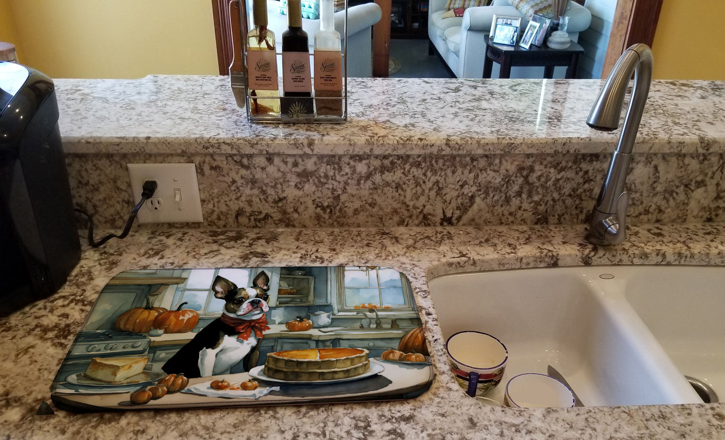Boston Terrier Fall Kitchen Pumpkins Dish Drying Mat Absorbent Dish Drying Mat Pad for Kitchen Counter Dish Drainer Mat for Countertop, 14 x 21", Multicolor
