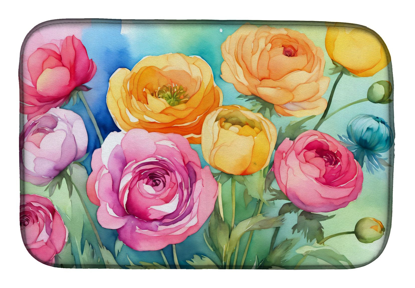 Ranunculus in Watercolor Dish Drying Mat Absorbent Dish Drying Mat Pad for Kitchen Counter Dish Drainer Mat for Countertop, 14 x 21", Multicolor