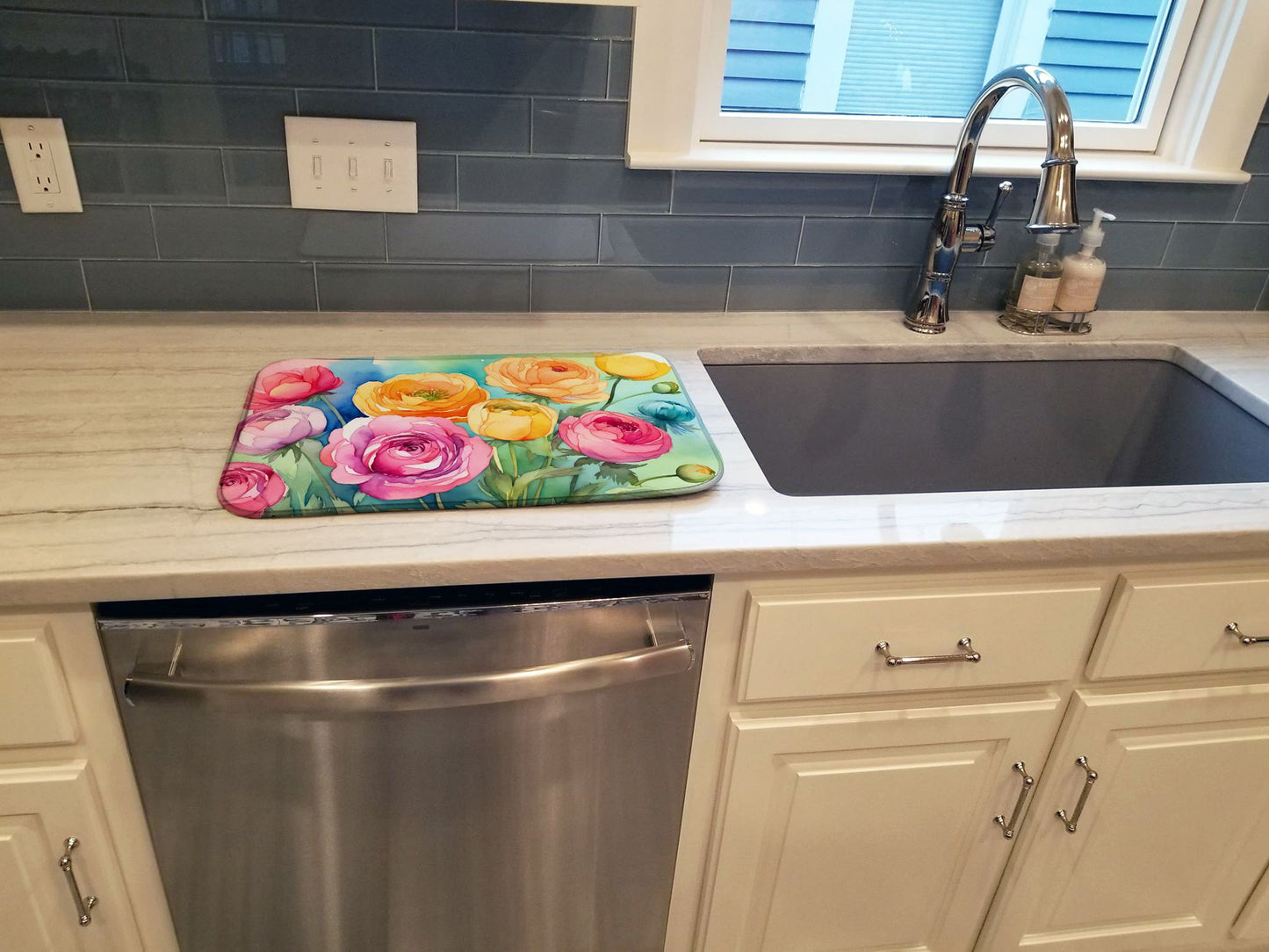 Ranunculus in Watercolor Dish Drying Mat Absorbent Dish Drying Mat Pad for Kitchen Counter Dish Drainer Mat for Countertop, 14 x 21", Multicolor
