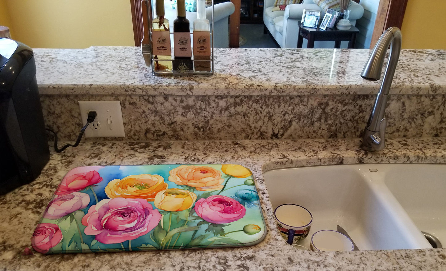 Ranunculus in Watercolor Dish Drying Mat Absorbent Dish Drying Mat Pad for Kitchen Counter Dish Drainer Mat for Countertop, 14 x 21", Multicolor