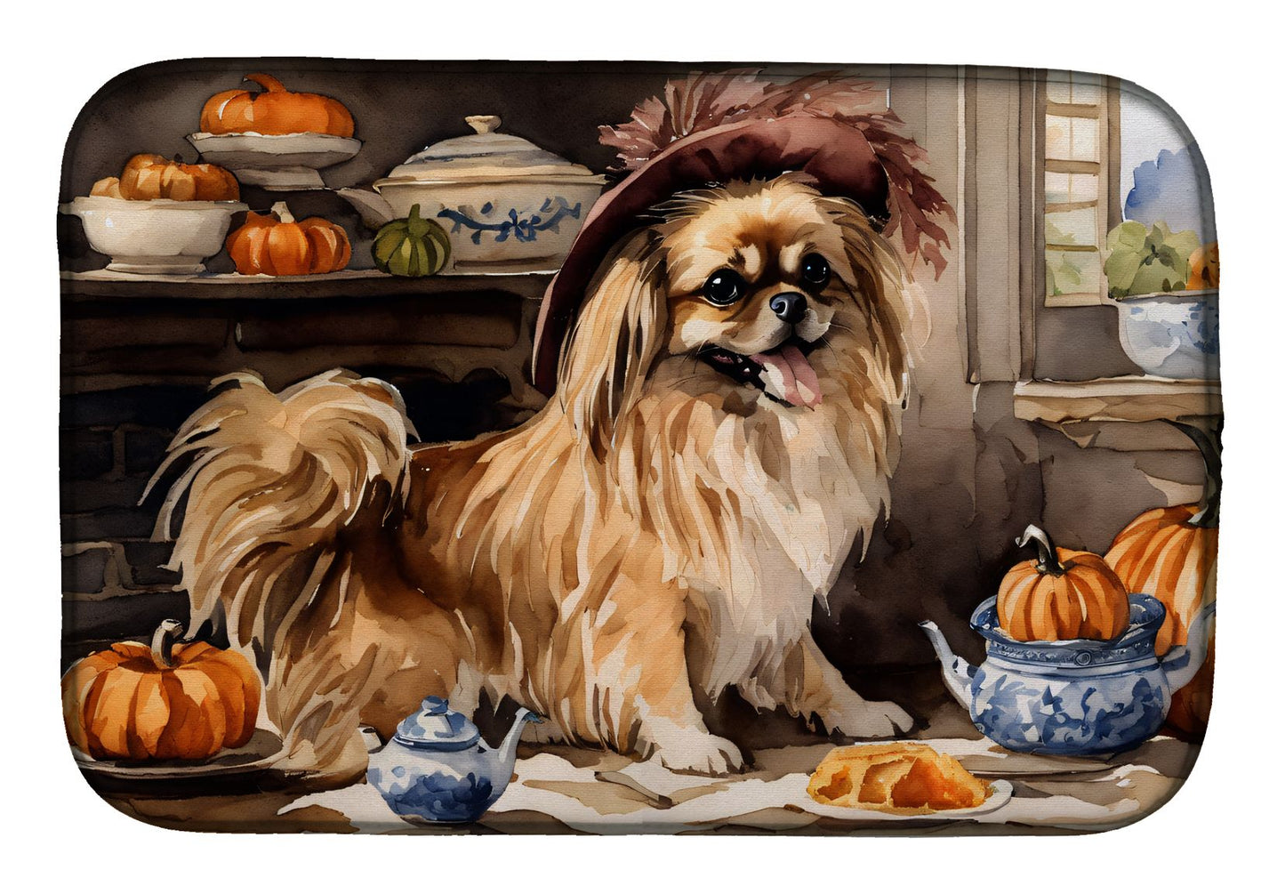 Tibetan Spaniel Fall Kitchen Pumpkins Dish Drying Mat Absorbent Dish Drying Mat Pad for Kitchen Counter Dish Drainer Mat for Countertop, 14 x 21", Multicolor