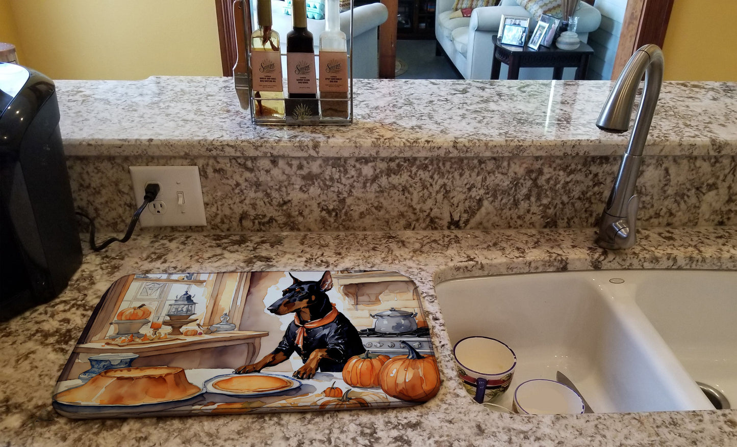 Doberman Pinscher Fall Kitchen Pumpkins Dish Drying Mat Absorbent Dish Drying Mat Pad for Kitchen Counter Dish Drainer Mat for Countertop, 14 x 21", Multicolor