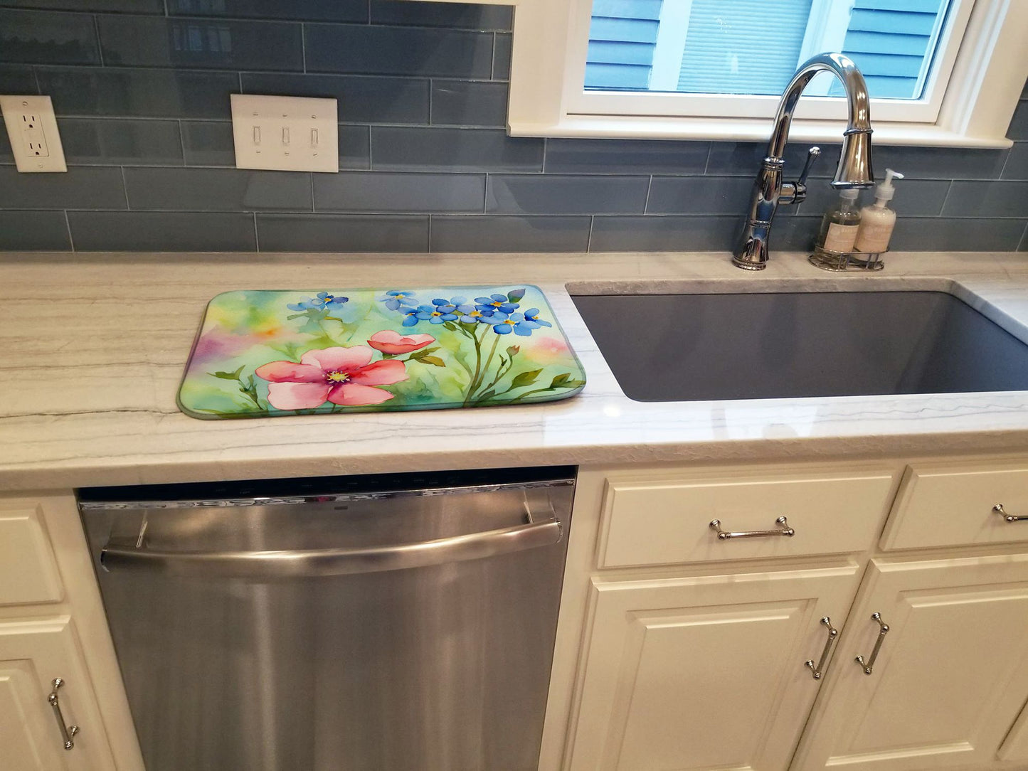 Alaska Forget-me-nots in Watercolor Dish Drying Mat Absorbent Dish Drying Mat Pad for Kitchen Counter Dish Drainer Mat for Countertop, 14 x 21", Multicolor