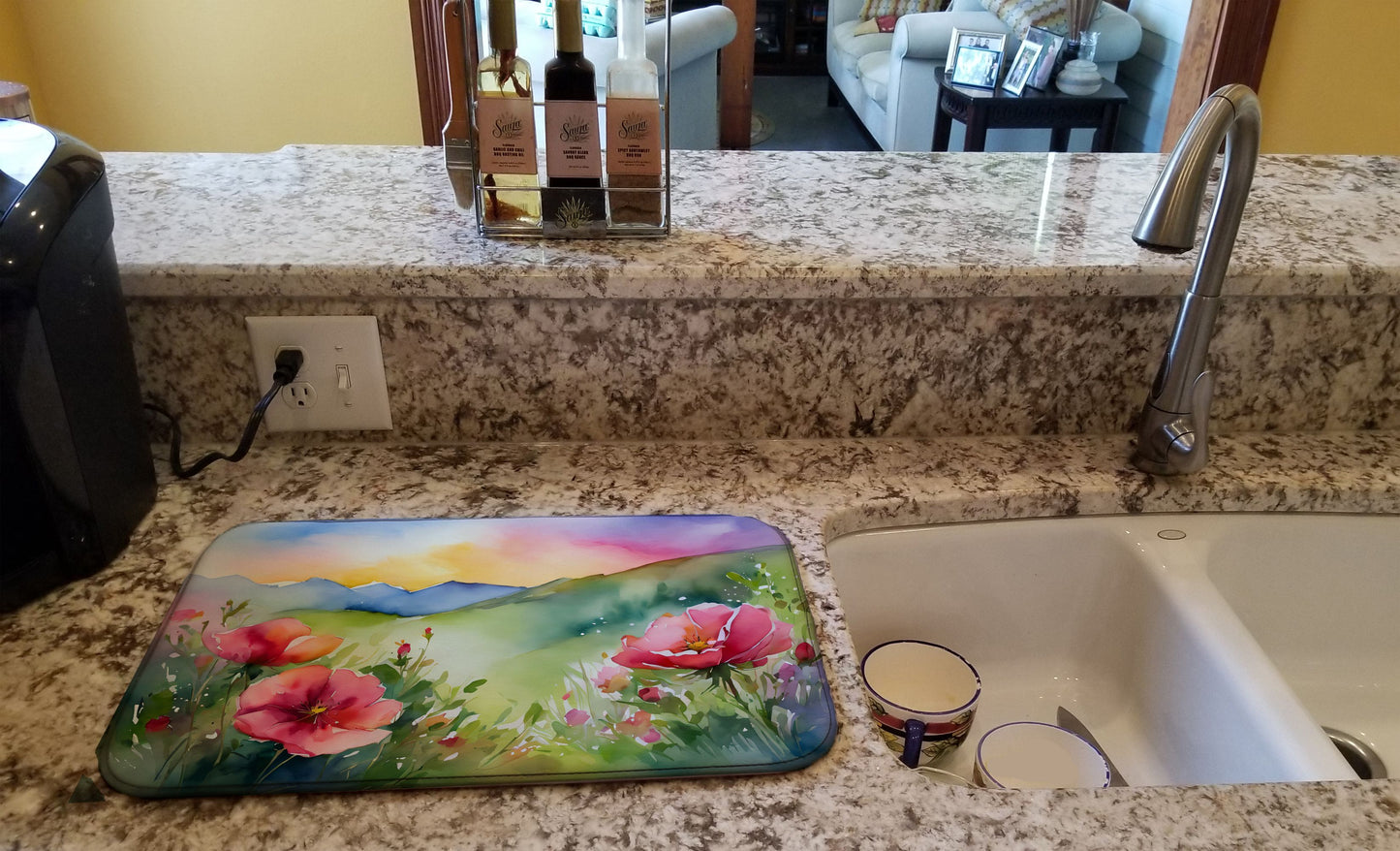 North Dakota Wild Prairie Roses in Watercolor Dish Drying Mat Absorbent Dish Drying Mat Pad for Kitchen Counter Dish Drainer Mat for Countertop, 14 x 21", Multicolor
