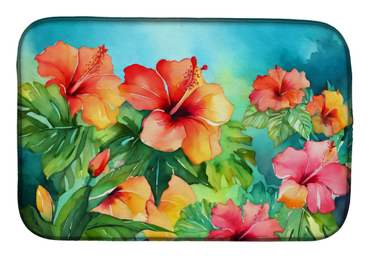 Hawaii Hawaiian Hibiscus in Watercolor Dish Drying Mat Absorbent Dish Drying Mat Pad for Kitchen Counter Dish Drainer Mat for Countertop, 14 x 21", Multicolor
