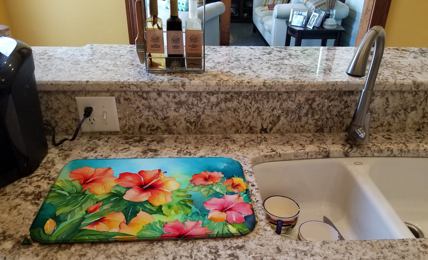 Hawaii Hawaiian Hibiscus in Watercolor Dish Drying Mat Absorbent Dish Drying Mat Pad for Kitchen Counter Dish Drainer Mat for Countertop, 14 x 21", Multicolor