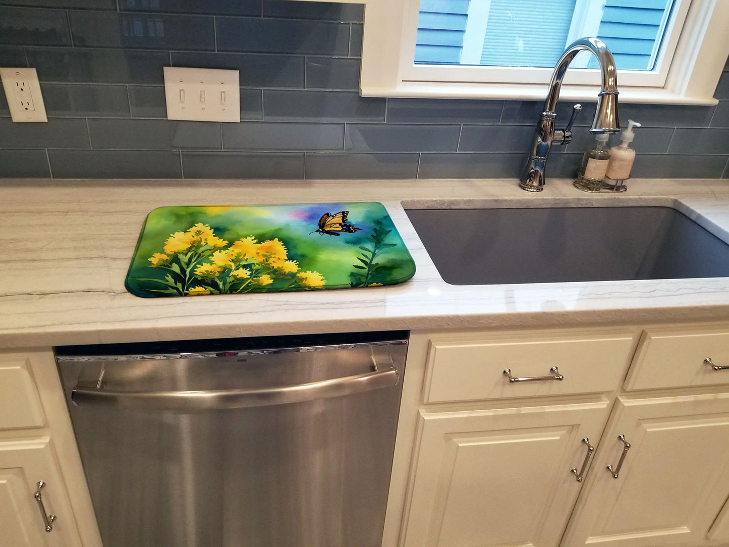 Kentucky Goldenrod in Watercolor Dish Drying Mat Absorbent Dish Drying Mat Pad for Kitchen Counter Dish Drainer Mat for Countertop, 14 x 21", Multicolor