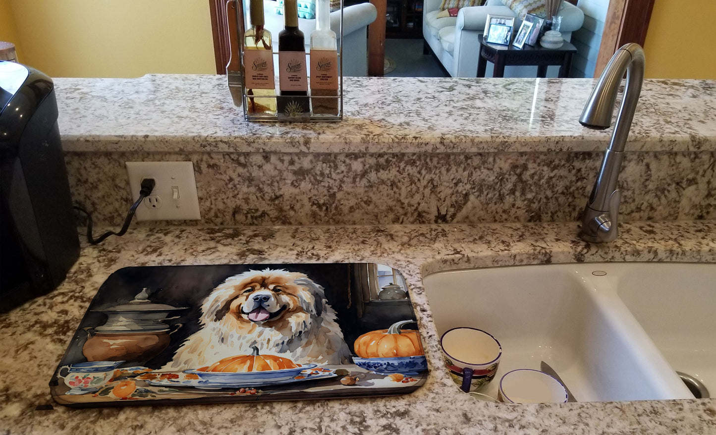 Tibetan Mastiff Fall Kitchen Pumpkins Dish Drying Mat Absorbent Dish Drying Mat Pad for Kitchen Counter Dish Drainer Mat for Countertop, 14 x 21", Multicolor