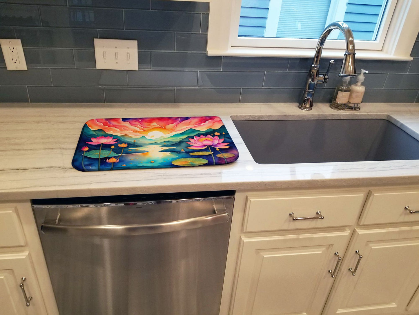 Lotus in Color Dish Drying Mat Absorbent Dish Drying Mat Pad for Kitchen Counter Dish Drainer Mat for Countertop, 14 x 21", Multicolor