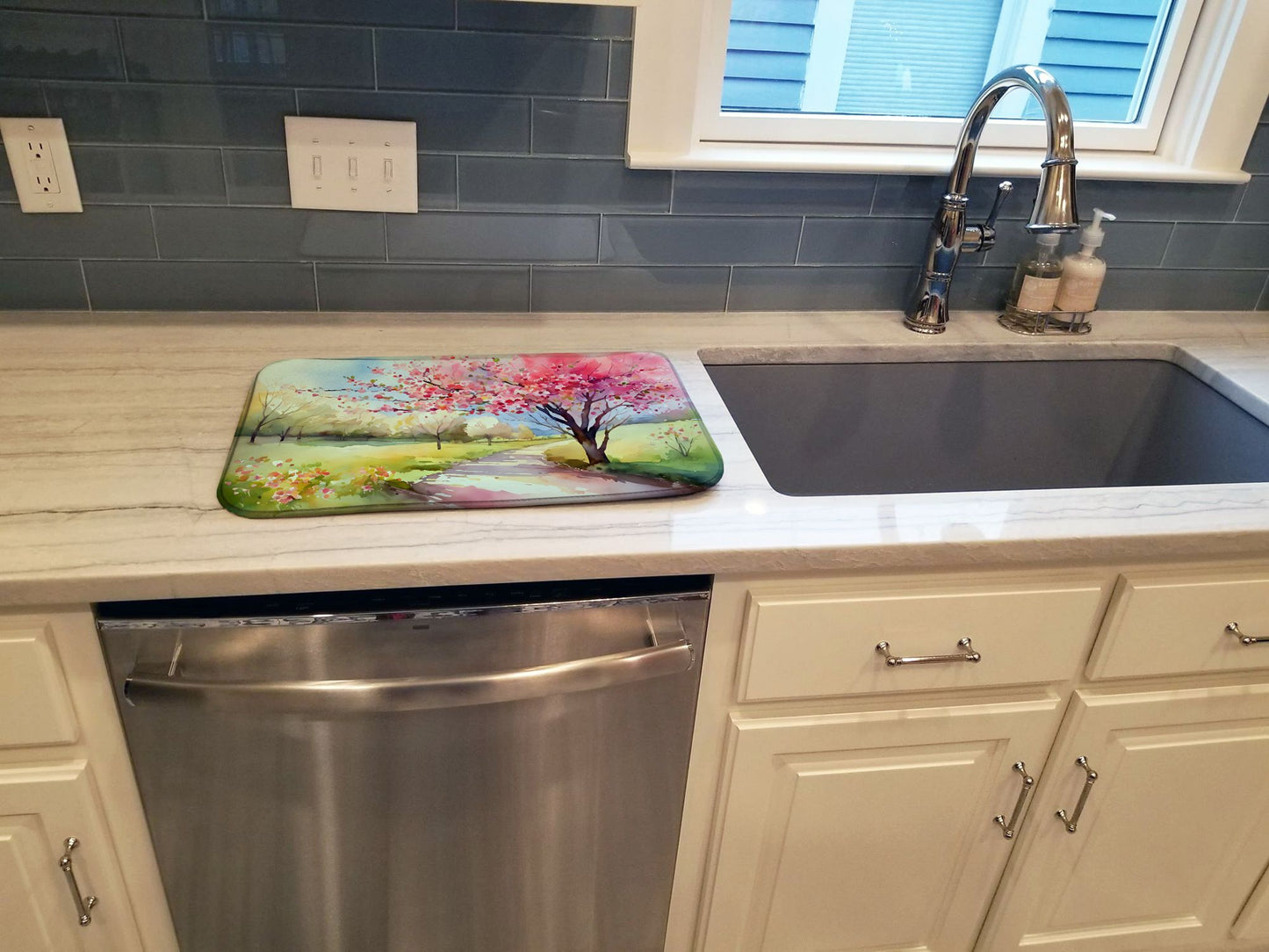 Michigan Apple Blossoms in Watercolor Dish Drying Mat Absorbent Dish Drying Mat Pad for Kitchen Counter Dish Drainer Mat for Countertop, 14 x 21", Multicolor