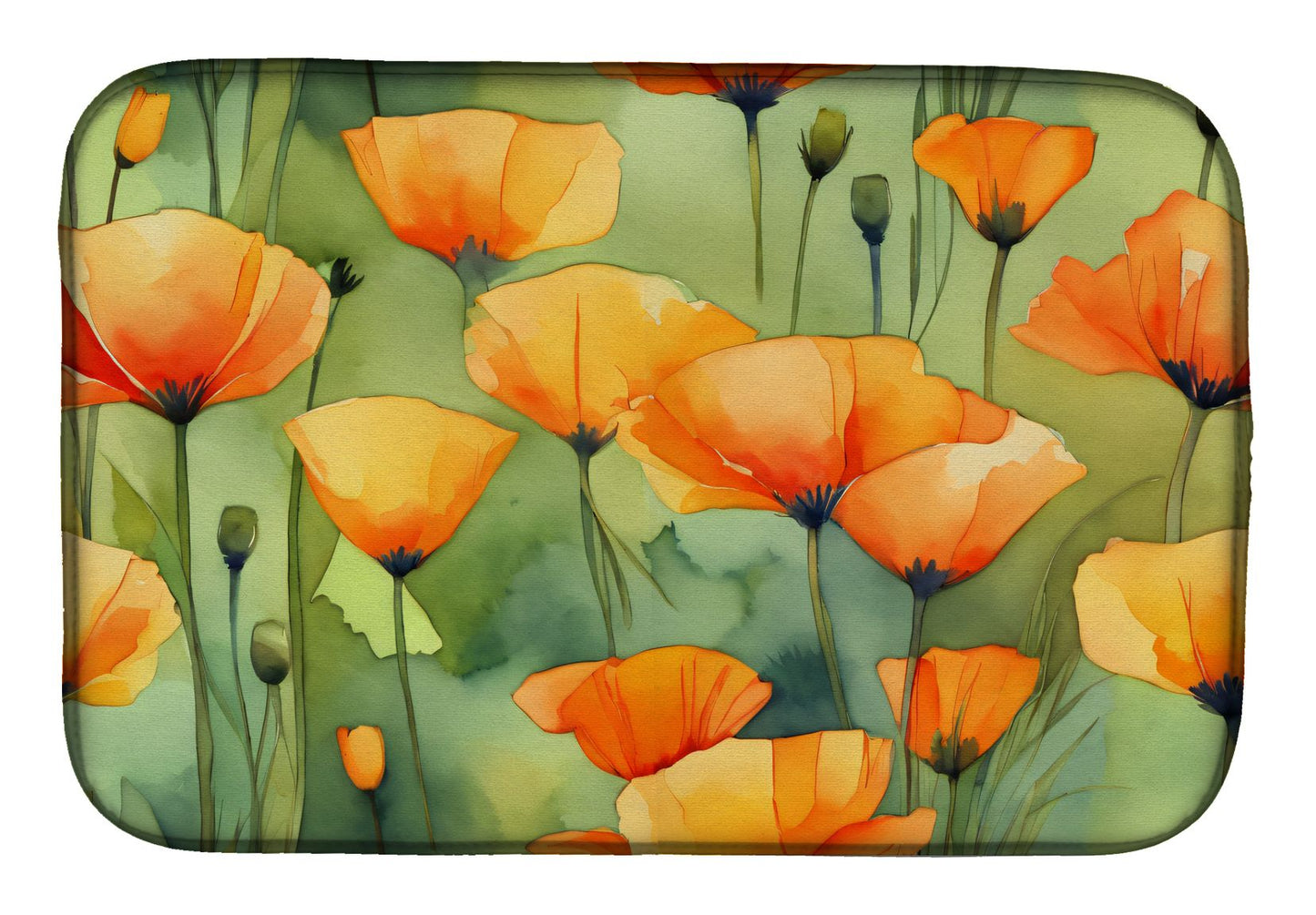 California California Poppies in Watercolor Dish Drying Mat Absorbent Dish Drying Mat Pad for Kitchen Counter Dish Drainer Mat for Countertop, 14 x 21", Multicolor