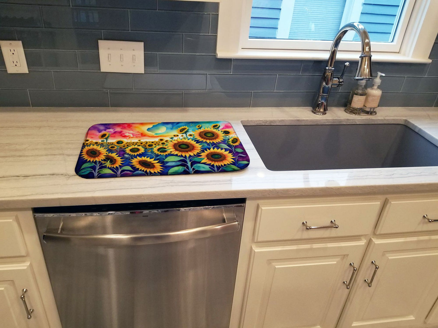 Sunflowers in Color Dish Drying Mat Absorbent Dish Drying Mat Pad for Kitchen Counter Dish Drainer Mat for Countertop, 14 x 21", Multicolor
