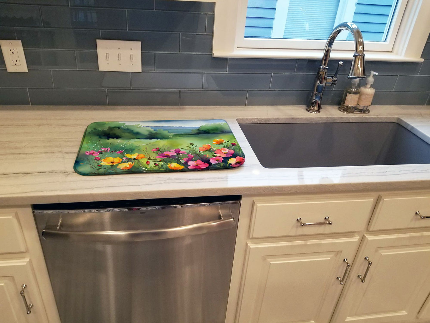 North Dakota Wild Prairie Roses in Watercolor Dish Drying Mat Absorbent Dish Drying Mat Pad for Kitchen Counter Dish Drainer Mat for Countertop, 14 x 21", Multicolor
